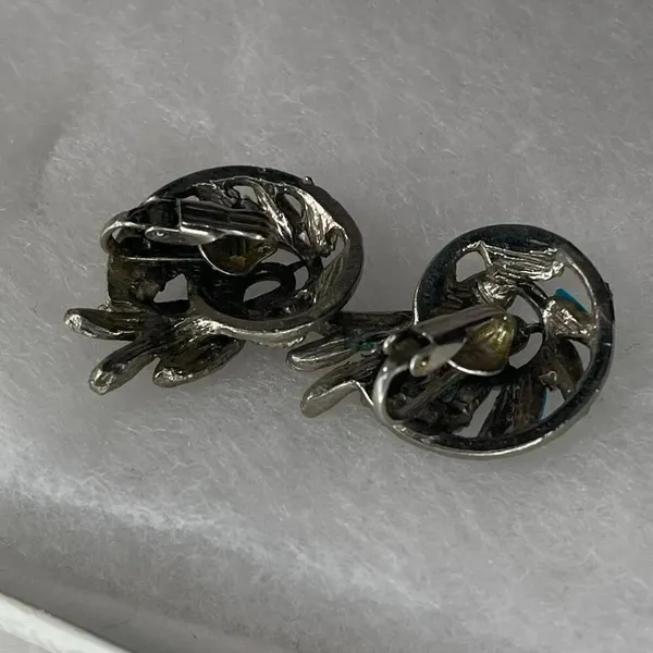 Vintage Midcentury Southwest style ornate faux turquoise clip earrings. - Image 4