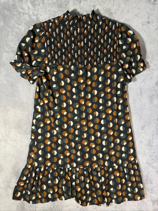 THML Women’s Small Geometric Print Smocked Mock Neck Ruffle Hem Shift Dress - Image 9
