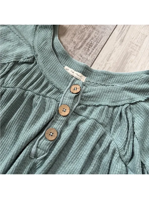 Free People We the Free Must Have Henley Waffle Aqua blue Long Sleeve size large - Image 6