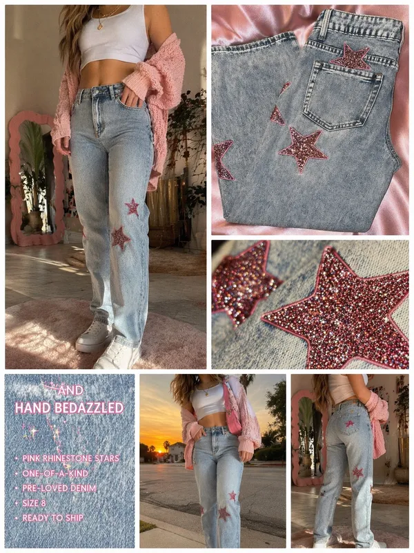 Y2K Barbiecore Pink Rhinestone Star Wide Leg Jeans Bedazzled Festival Glam - Image 2