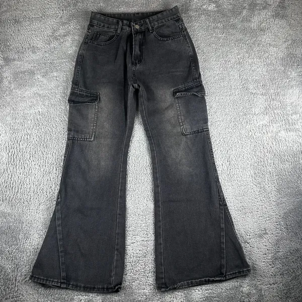 Unbranded Cargo Flare Jeans Womens 27 Washed Black High Rise‎ Wide Leg Utility - Image 6