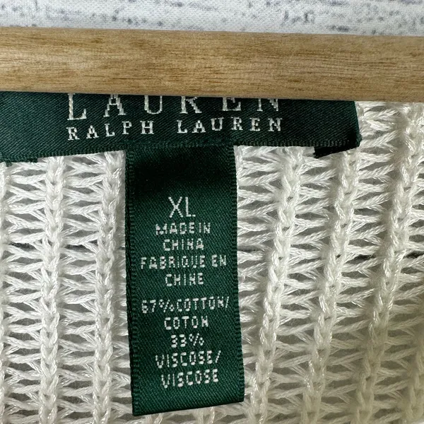 Ralph Lauren LRL Womens XL Open Knit Crochet Long Sleeve Sweater White Beachy - Image 7