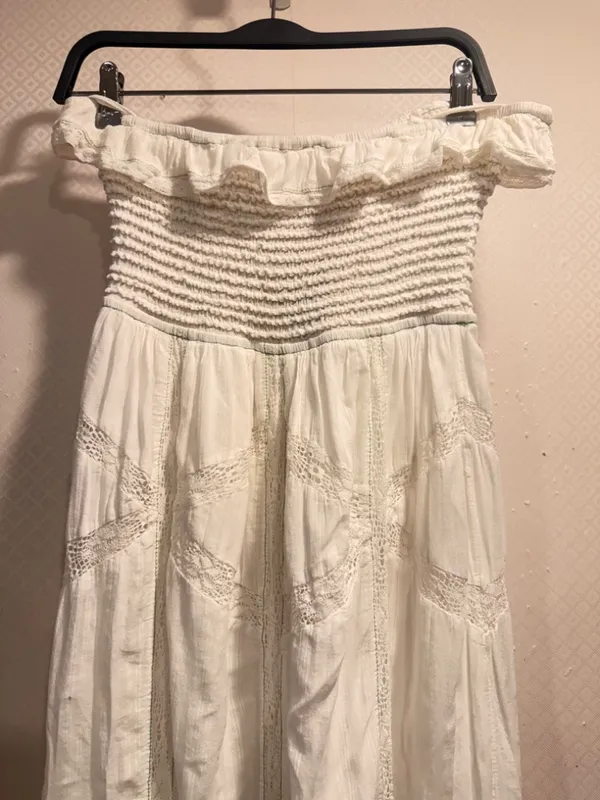 Free People Hi Hello White Cotton Smocked Strapless Lace Trim Midi Dress Size M - Image 5