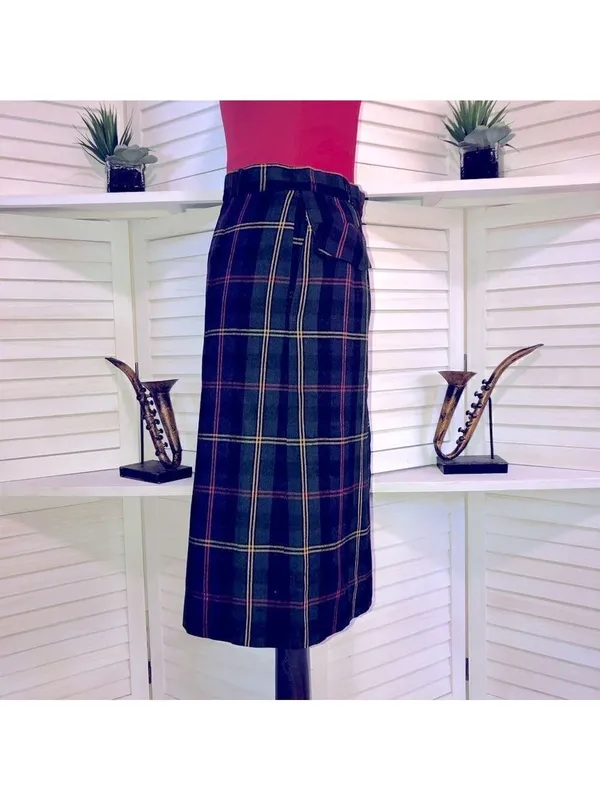 Vintage plaid midi skirt wool high waist USA preppy academia patchwork Heritage - Image 6