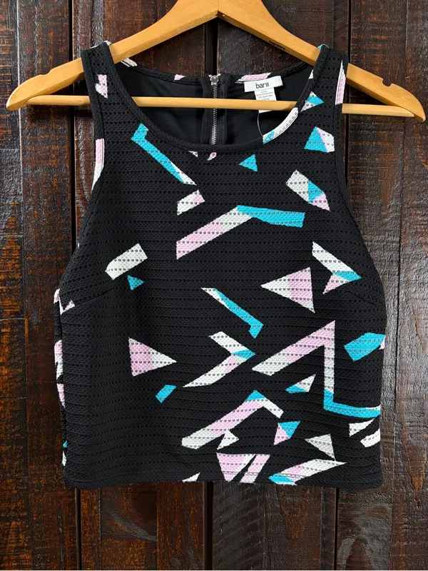 Bar III Lasercut Black Geo Print Cropped Tank Top Large - Image 2