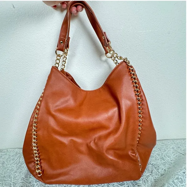 Bebe Colette Triple Entry Hobo Cognac Brown Shoulder Bag Chain Whlpstitch Slouch - Image 4