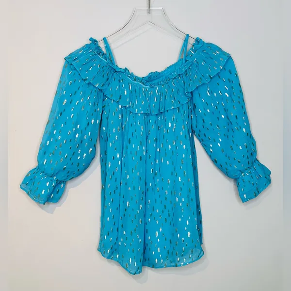 Lilly Pulitzer CeeCee Turquoise Oasis Metallic Off-Shoulder Blouse Shirt Top - Image 12