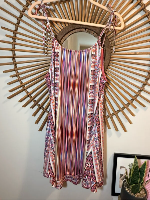 Hale Bob Slvls Pink Multi-Stripe Tiered Tie Shldr Mini Dress Boho Summer Beach - Image 10