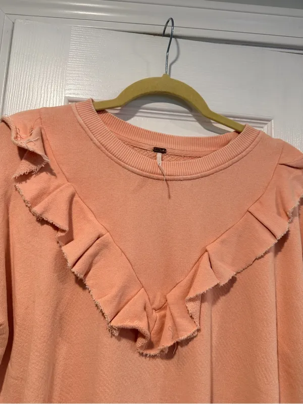NWOT Free People Size S Pink Ooh La Ruffle Yoke Long Sleeve Raw Hem Sweatshirt - Image 2