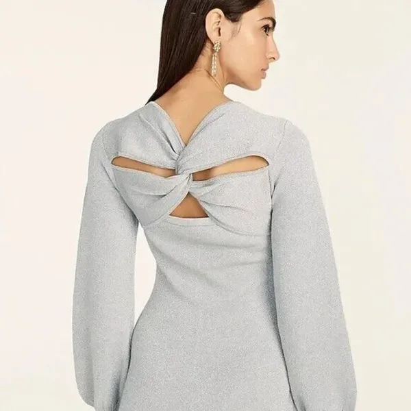 New J Crew L Knit Dress Sweater Metallic Silver Long Sleeve Mini Balloon Sleeve - Image 2
