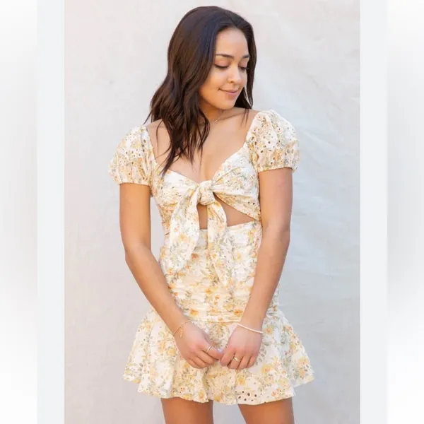 En Saison Floral Eyelet Mini‎ Dress Puff Sleeve Cottagecore XS Boho - Image 3