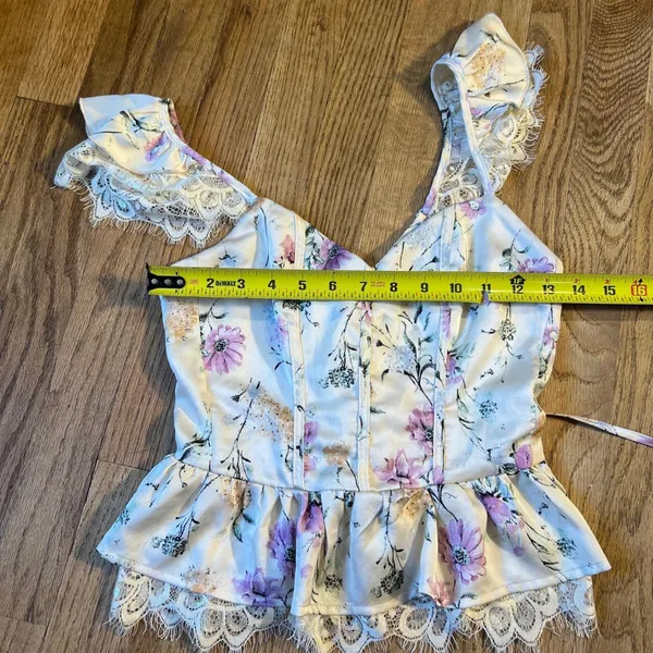 Floral Lace Corset Peplum Top Cream Purple Cottagecore Flutter Sleeve Bustier - Image 3