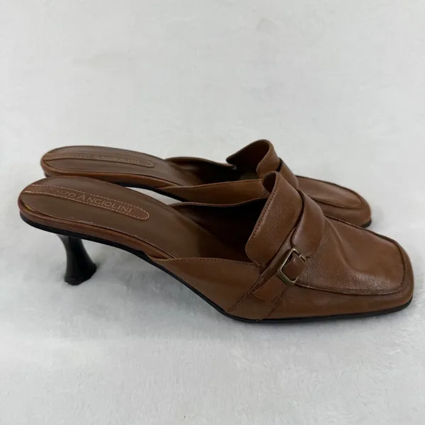 Enzo Angiolini Brown Leather Mules Heels Buckle Detail Square Toe Size‎ 8.5M - Image 4