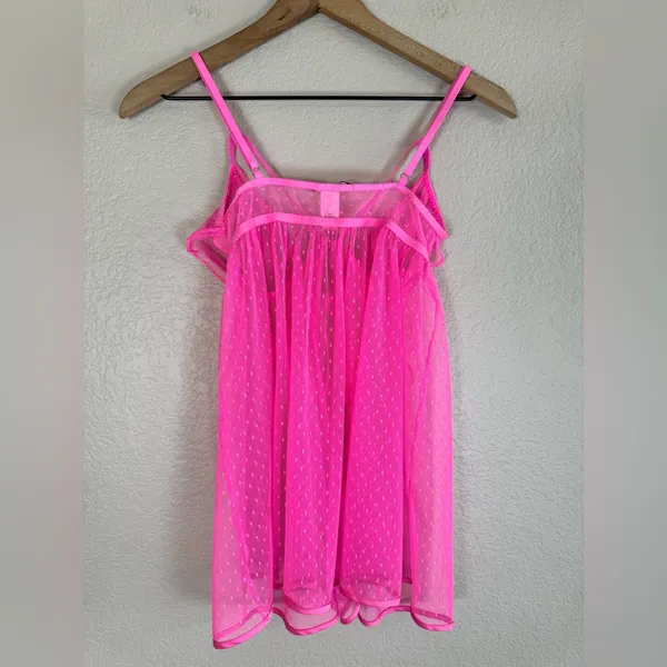 Victoria’s Secret Hot Pink Swiss Dot Sheer Mesh Babydoll Bow Tie Front $80 Small - Image 7