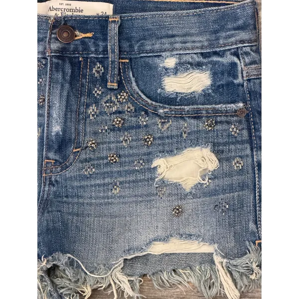 Abercrombie Fitch Distressed‎ Beaded Denim Shorts Blue 00/24 Frayed Hem Mini Y2K - Image 5