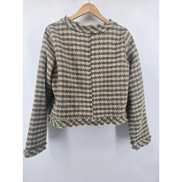 POL‎ Jacket Womens Large Green Orange Plaid Tweed Frayed Edge Button Up FWJ191 - Image 4