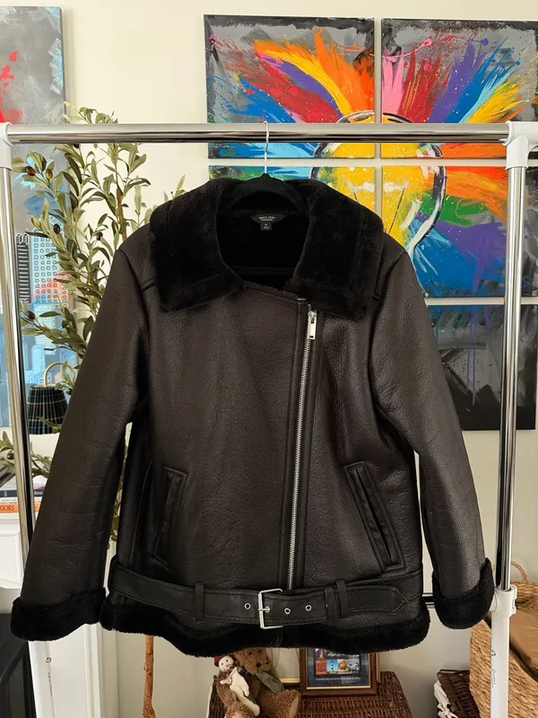 Simply Vera Wang Black Faux Leather & Faux Fur Bomber Aviator Jacket - Image 7