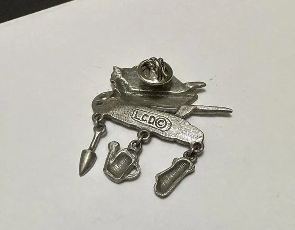 Signed LCD Gardening Wheelbarrow Garden Cart Pewter Silver Tone Brooch Pin - Image 2