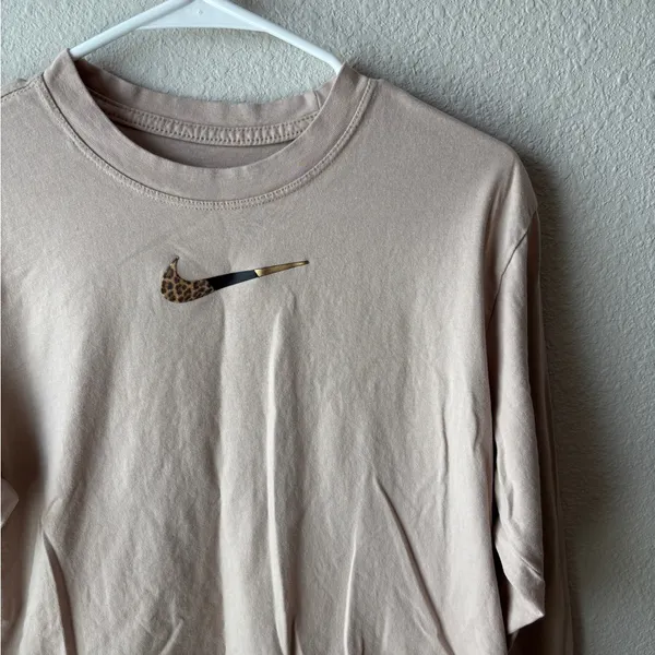 Nike Long Sleeve Tee in Beige with Leopard Swoosh - Image 2