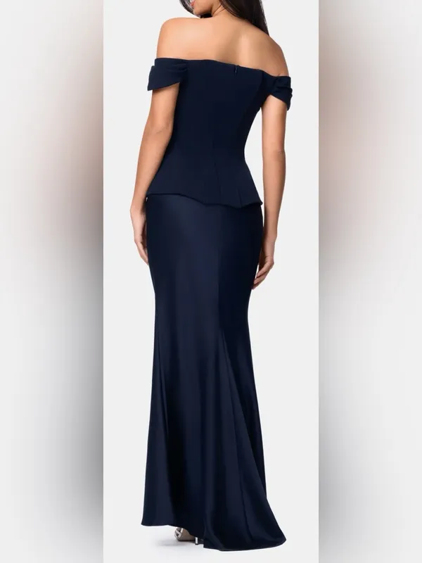 NEW Betsy & Adam Off the Shoulder Mixed Media Satin Navy Gown Sz 4 - Image 2