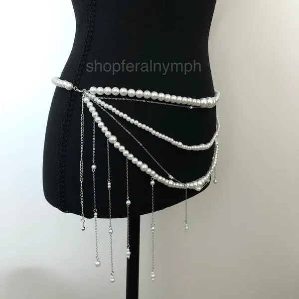 Y2K Coquette White Faux Pearl Layered Draped Chain Belt, 31.5 Inches, X7GA1139 - Image 2