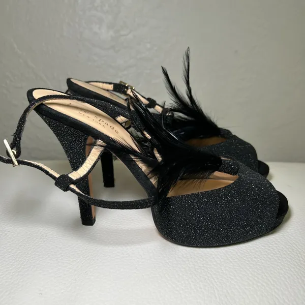 Kate Spade‎ Glitter Feather Black Open Toe Slingback Pumps Heels Size 7 - Image 6