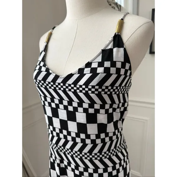 Vintage 90s Y2K Silvergate Black White Psychedelic Check Stretchy Column Indie S - Image 5