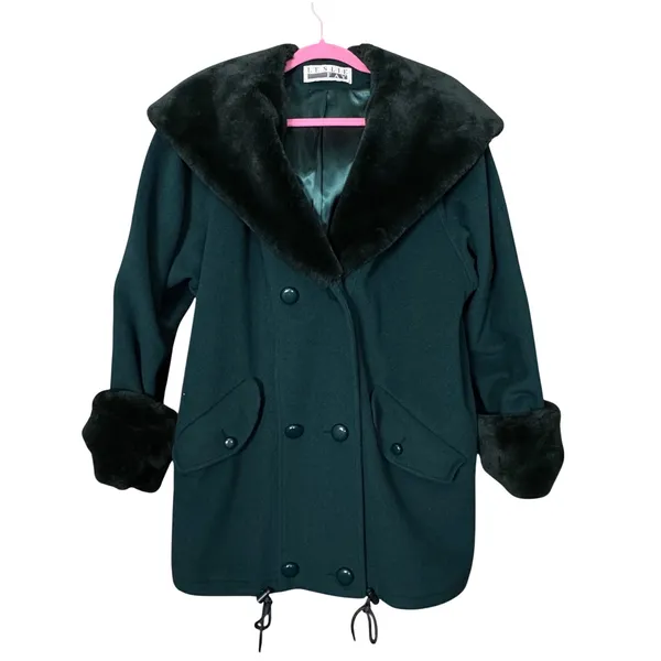VTG Leslie Fay Wool Blend Coat Faux Fur Collar Cuffs Lined 12 Women's Dark Green - Image 3