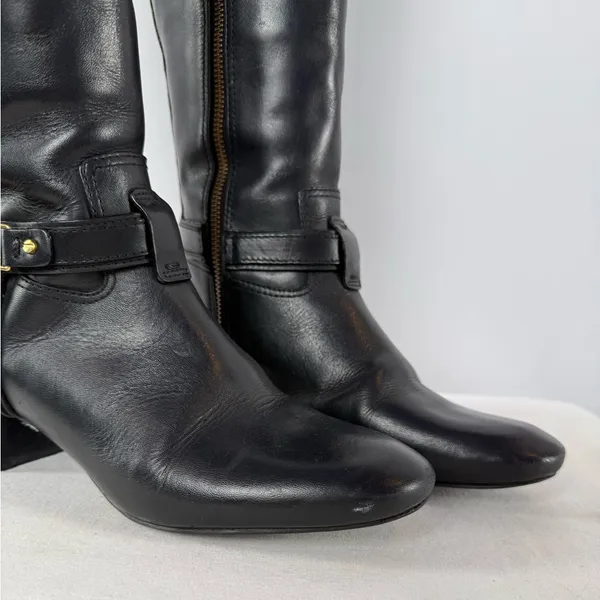 Vintage Y2K Tory Burch Leather Gold Logo Knee High Heeled Boots in Black Size‎ 7 - Image 2