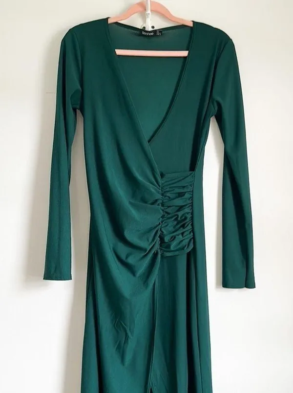 Boohoo Dark Green Long Sleeve High Slit Ruched Side Maxi Dress sz 8 - Image 5