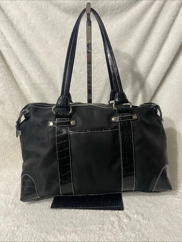 Black Nylon Tote Bag with Croc-Textured Trim - Image 2
