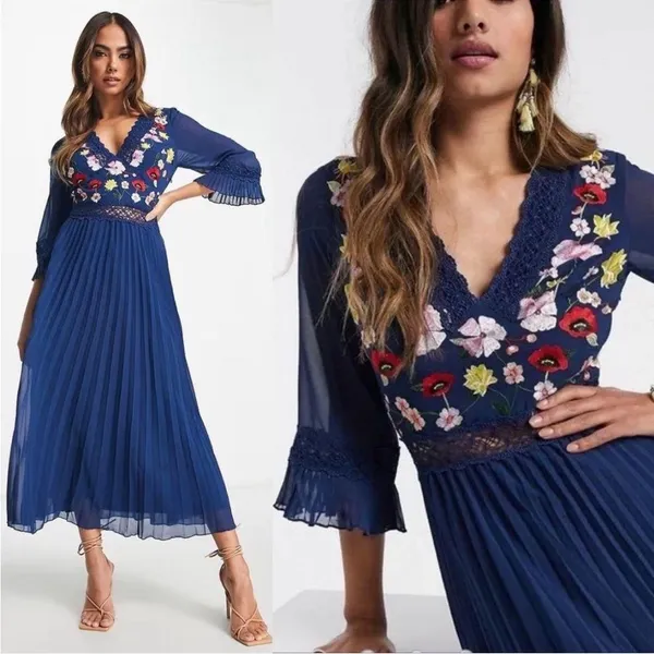 NWT ASOS Design Blue Floral Embroidered Lace Pleated Mini Dress Size 0 - Image 2