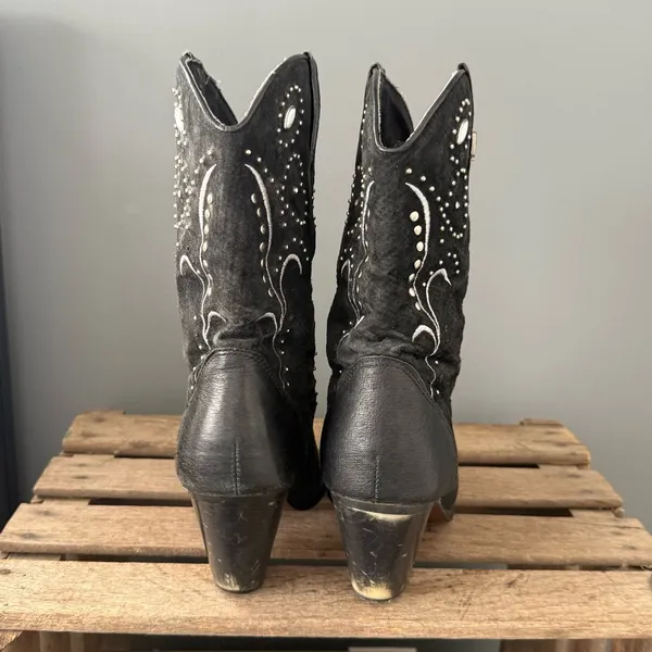 VINTAGE DINGO Embellished Silver Leather‎ Cowboy Black Heeled Boots 9 A29 - Image 8