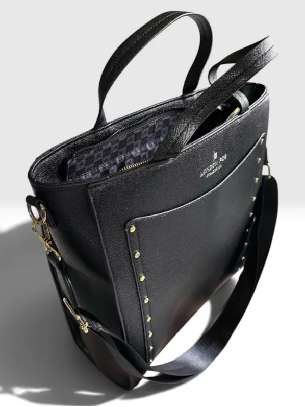 London Fog Black Studded Tote Bag Crossbody Work Laptop Satchel Purse - Image 2