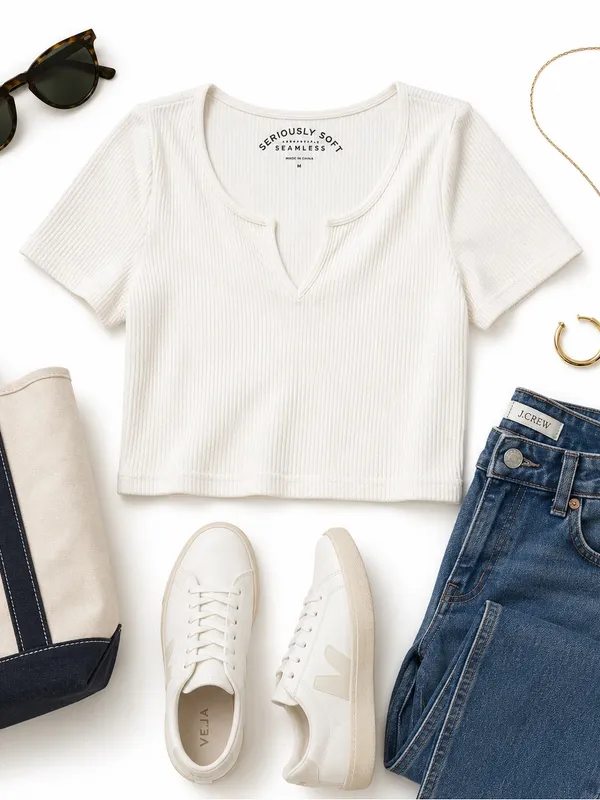 Aeropostale Seriously Soft White Ribbed Seamless Split Neck Baby Tee Medium Top - Image 6