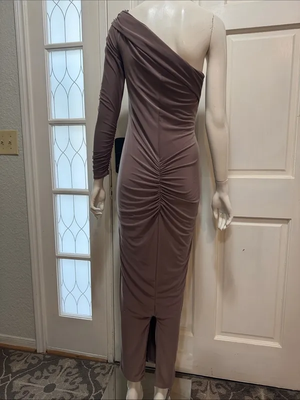 Club L London Brown Ruched Twist Bardot Maternity Midi Dress One-Shoulder Size 8 - Image 9