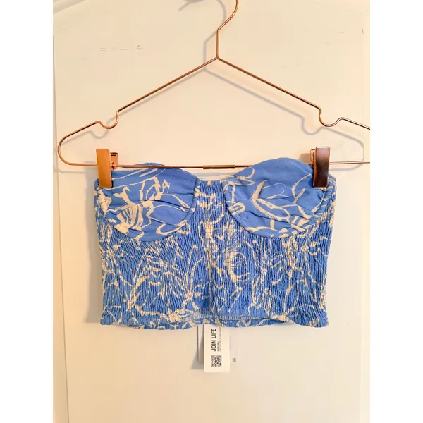 Zara Bustier Top Women Small Blue Floral Smocked‎ Strapless Linen Blend NWT - Image 8