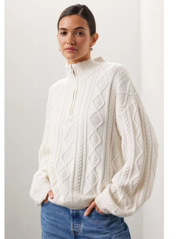 SPLENDID Off-White Wool Blend Quarter Zip Long Sleeve Dakota Half Zip Sweater S - Image 2