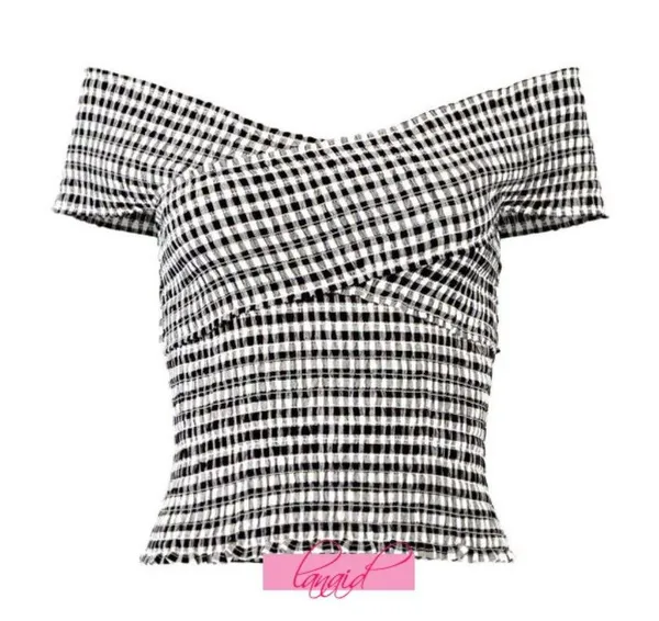 Revolve Cupcakes Cashmere Bowman Top Off-The-Shoulder Smocked Gingham Wrap Bardot Blouse - Image 7