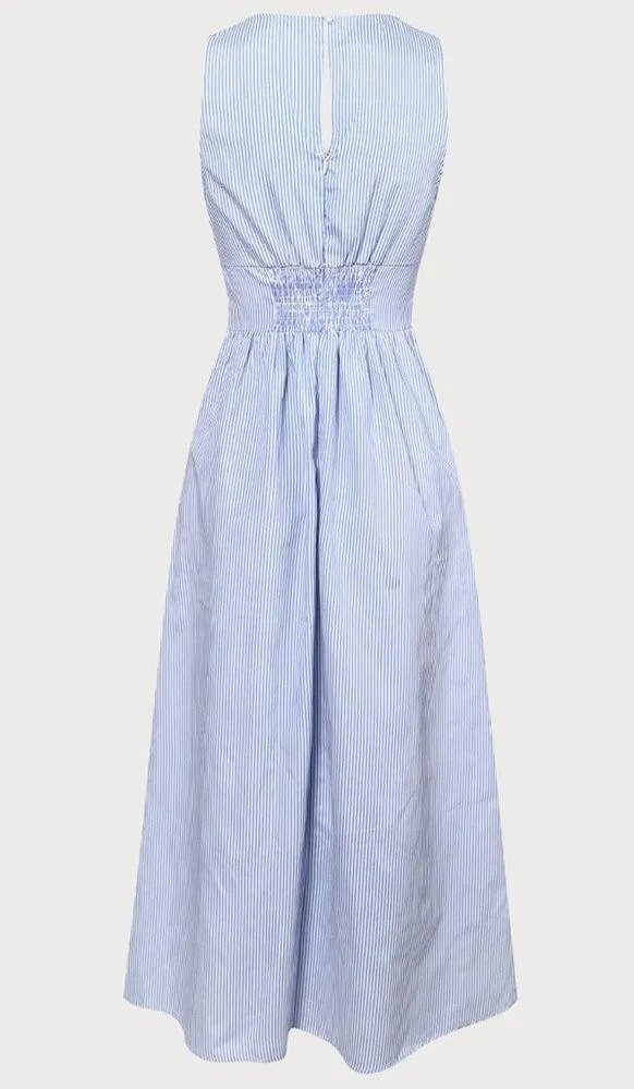 Rihoas Blue V Neck Shirred Striped Maxi Dress - Image 7