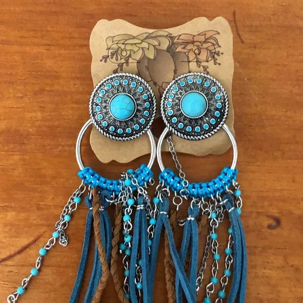 Justin Boots Turquoise Concho Fringe Earrings Western Cowgirl Boho Statement NWT - Image 4
