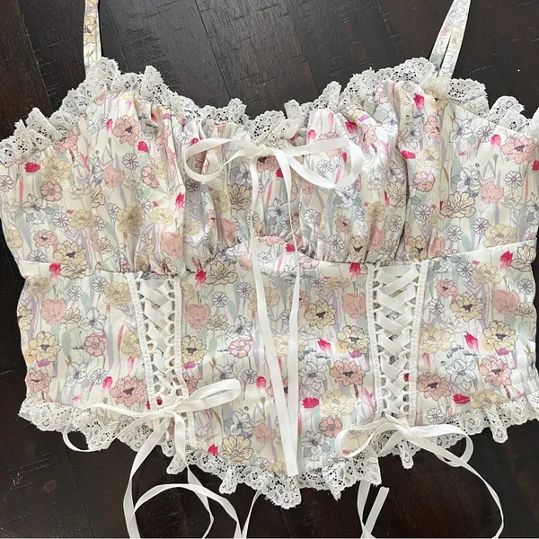 Vintage style Corset Floral Lace-Up Crop Top - Image 7