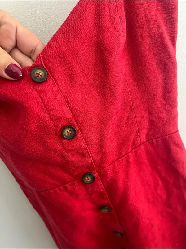 Reformation Red Button Smocked linen Mini Dress - Image 6