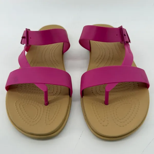 Crocs Tulum Toe Post Sandal Flip Flop Fuchsia Pink Tan Women 10 Buckle Straps - Image 2