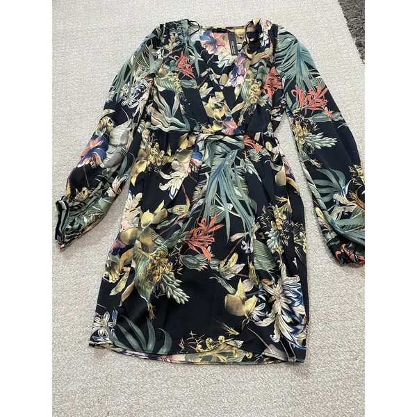 Miss Avenue Long Sleeve Black Floral Printed High Low Dress Size Medium Romantic - Image 13