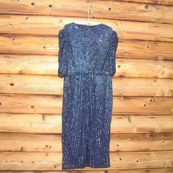 Mac Duggal 5578 Womens Sequined V Neck Short Puff Sleeve Midi Dress - Image 11