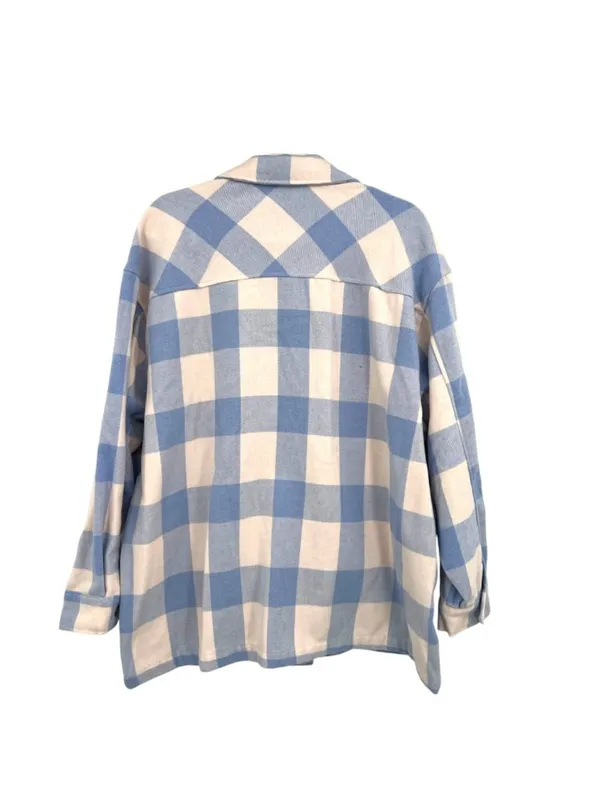 HFX Blue & Cream Plaid Long Sleeve Shacket Front Pockets Size Large - Image 7