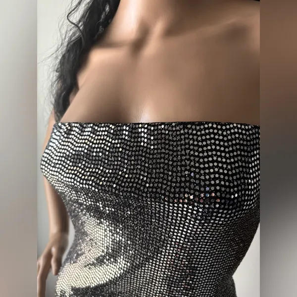 A3 Design Black Sequin Strapless Mini Dress Silver Size M - Image 2