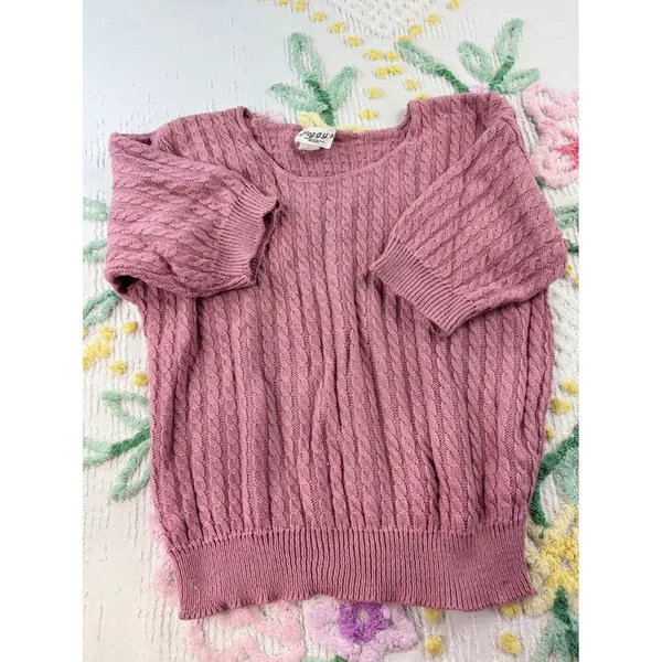 Peggy's vtg Pink Cable Knit Short Sleeve Sweater Top Size‎ S - Image 2