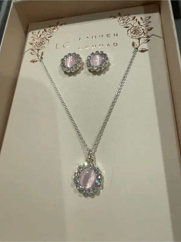 2/20 LC Lauren Conrad Silver Necklace and Earrings Pink Gemstones in gift box - Image 2